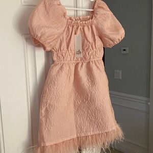 New w Tag: GB Girls Jacquard Puff Sleeve Dress with Feather Hemline. Size 6